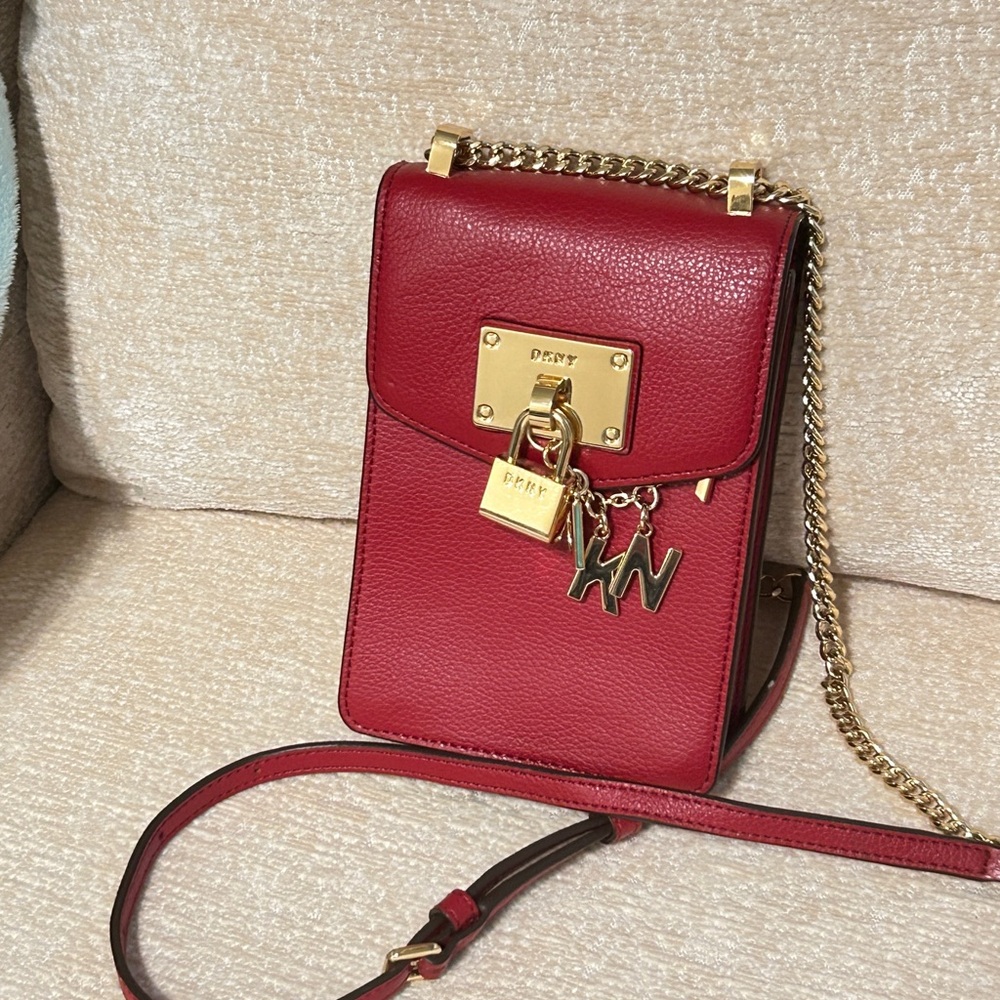 DKNY Red Leather Mini Chain Crossbody with Gold Hardware